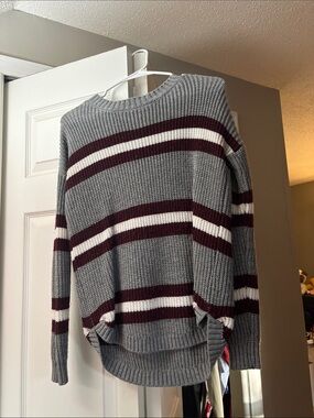 Gray Striped Women's Knit Sweater with Burgundy and White Bands